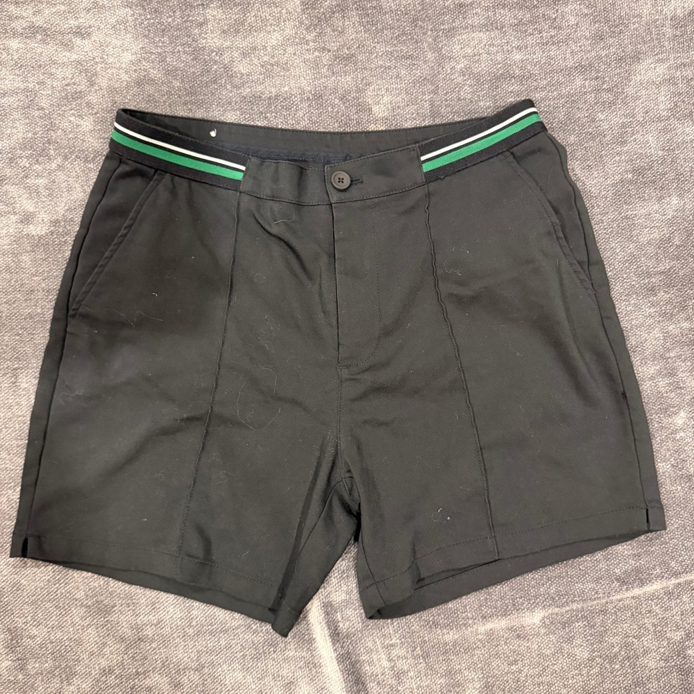 Zara Mens Chino Shorts Black Green White Striped Waistband Size L 32 Pintuck